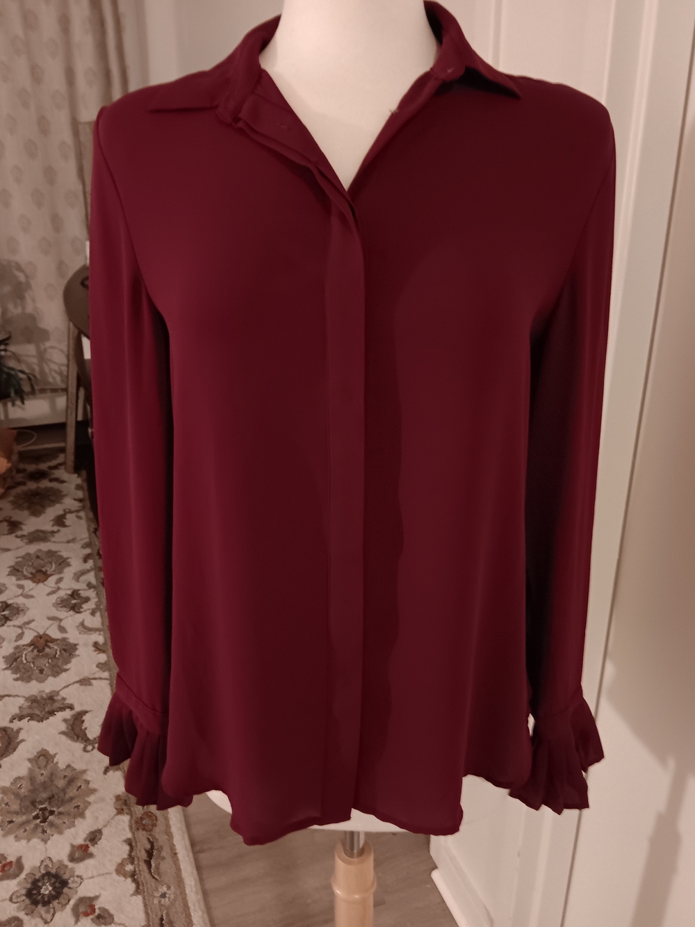 LOFT Burgundy Ruffle-Cuff Button-Front Blouse